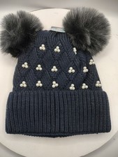 Girls' Black Knit Beanie Diamond Pattern Faux Fur Pom Pom Pearl Accents