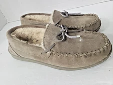 MyPillow My Slippers Suede Slipper House Shoes Taupe (Sz 8) Sheepskin Lined VGC 