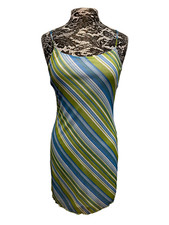 Vintage Y2K Slip Dress M Blue Green Mini Strappy Lettuce Hem Grunge Slinky
