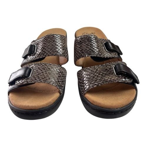 Sandalias de tacón de cuña Clarks Delana Fenela negras grises piel de serpiente para mujer talla 7 - Imagen 4 de 7