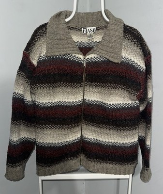 VTG Bash Wool Blend Zip Up Sweater Cardigan Aztec Sz M Chunky Knit Y2K Red White