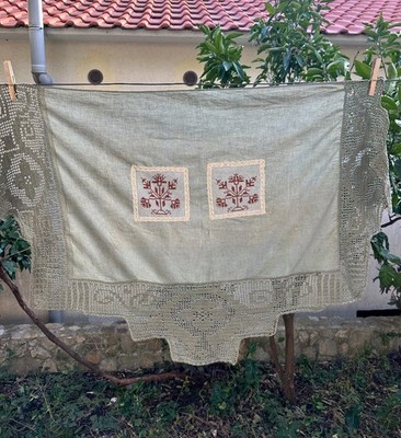 Vintage Handmade Curtain Unique Design Cross Stitch Crochet Boho Decor
