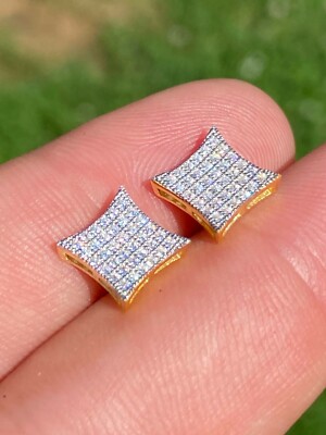 14k Gold Plated Real 925 Sterling Silver CZ Hip Hop Square Kite Earrings Aretes