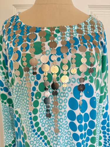 Vintage Berek Polka Dot Pullover Damen M blau grün Pailletten Frühling Strick Ostern - Bild 2 von 12