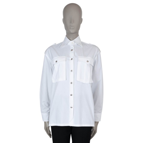 71435 Auth PRADA White Cotton 2019 Military Poplin Button-Up Shirt 38 XS