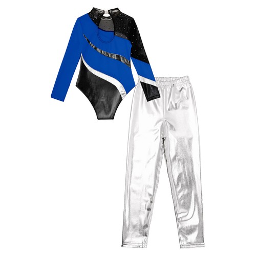 Girls Metallic Shiny Tracksuits Gymnastics Leotard with Pants Workout Sportswear - Imagen 91 de 129