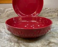 Pasta Bowls Set Of 2. Sorrento Embossed Botanical And Dot. Aqua, Ruby, Ivory New