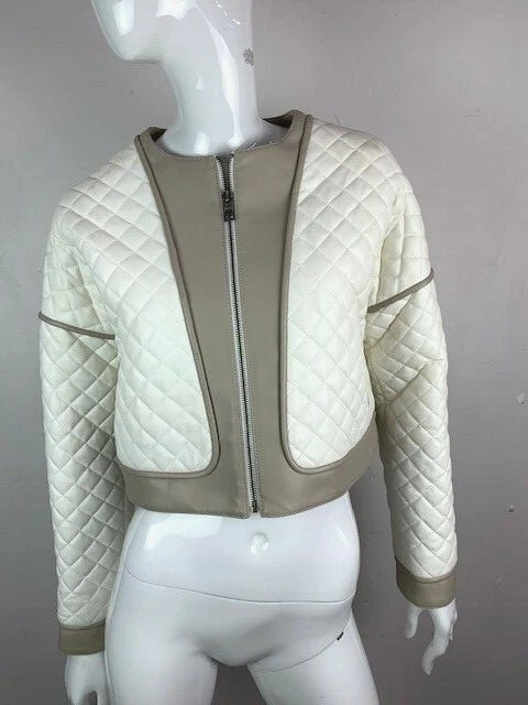  BCBG MAXAZRIA Women's Ivory & Taupe Quilted Cropped Faux Leather Jacket - Image 2 of 4