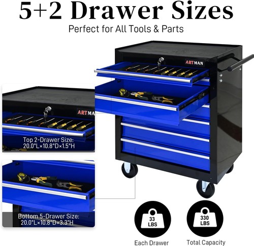Rolling Tool Chest w/7-Drawer,Versatile Toolbox Storage Cabinet Organizerw/Lock - Picture 26 of 39