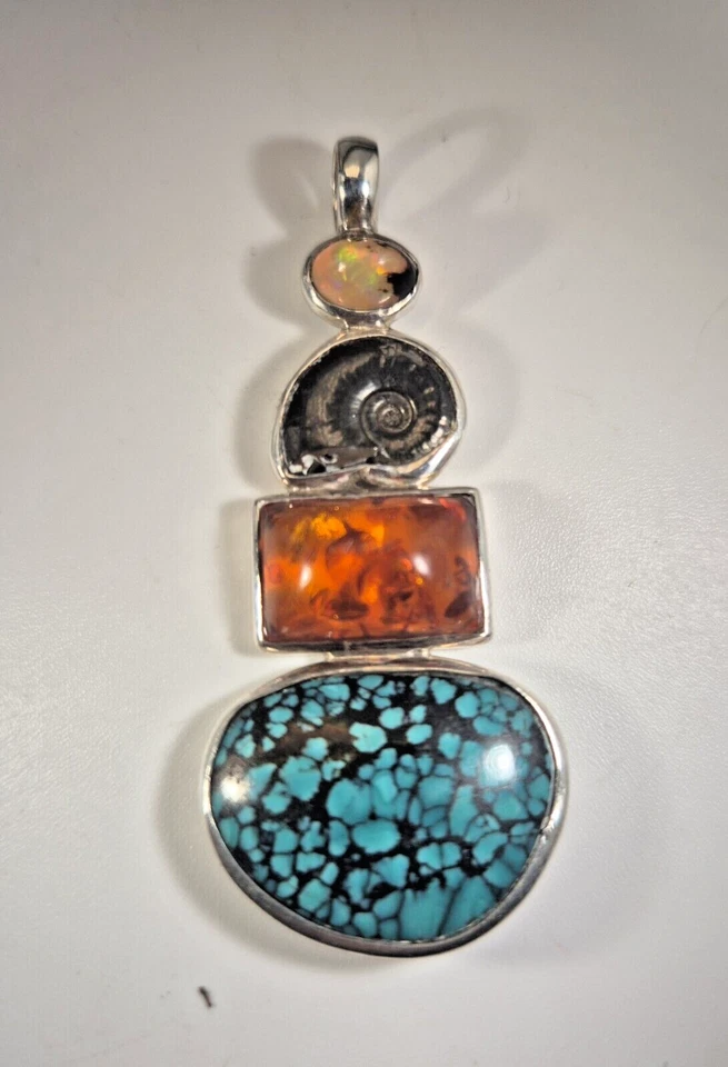 Anhänger Feueropal Ammonit Bernstein Türkis Spiderweb Silber 925 Unikat 271 - Bild 2 von 4
