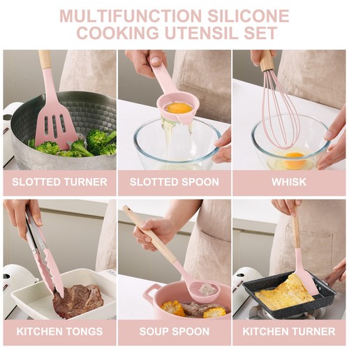 14x Silicone Kitchen Cooking Utensils Set with wooden Holder Pot Gray Pink Green - Picture 19 of 28