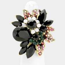 Cocktail Ring Crystal Rhinestone Flower Leaf Stretch 1.75" Wide Statement GBK