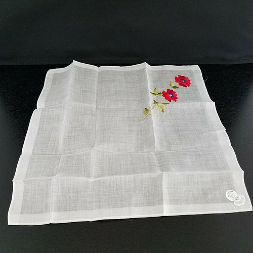Vtg DESCO Handkerchief White Embroidered Red Floral 12.5" Switzerland NEW * - Picture 4 of 4