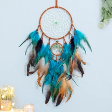 Dream Catcher Blue Tree of Life with Feathers, Handmade Indians Traditional Circ