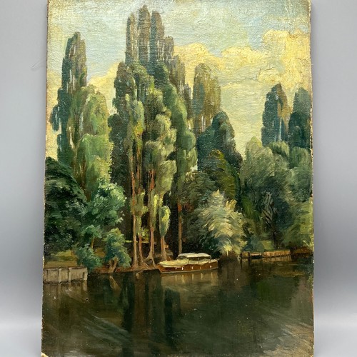 Vintage Ölgemälde Öl auf Karton Mitte 20. Jh. Baum Fluss Landschaft Szene grün