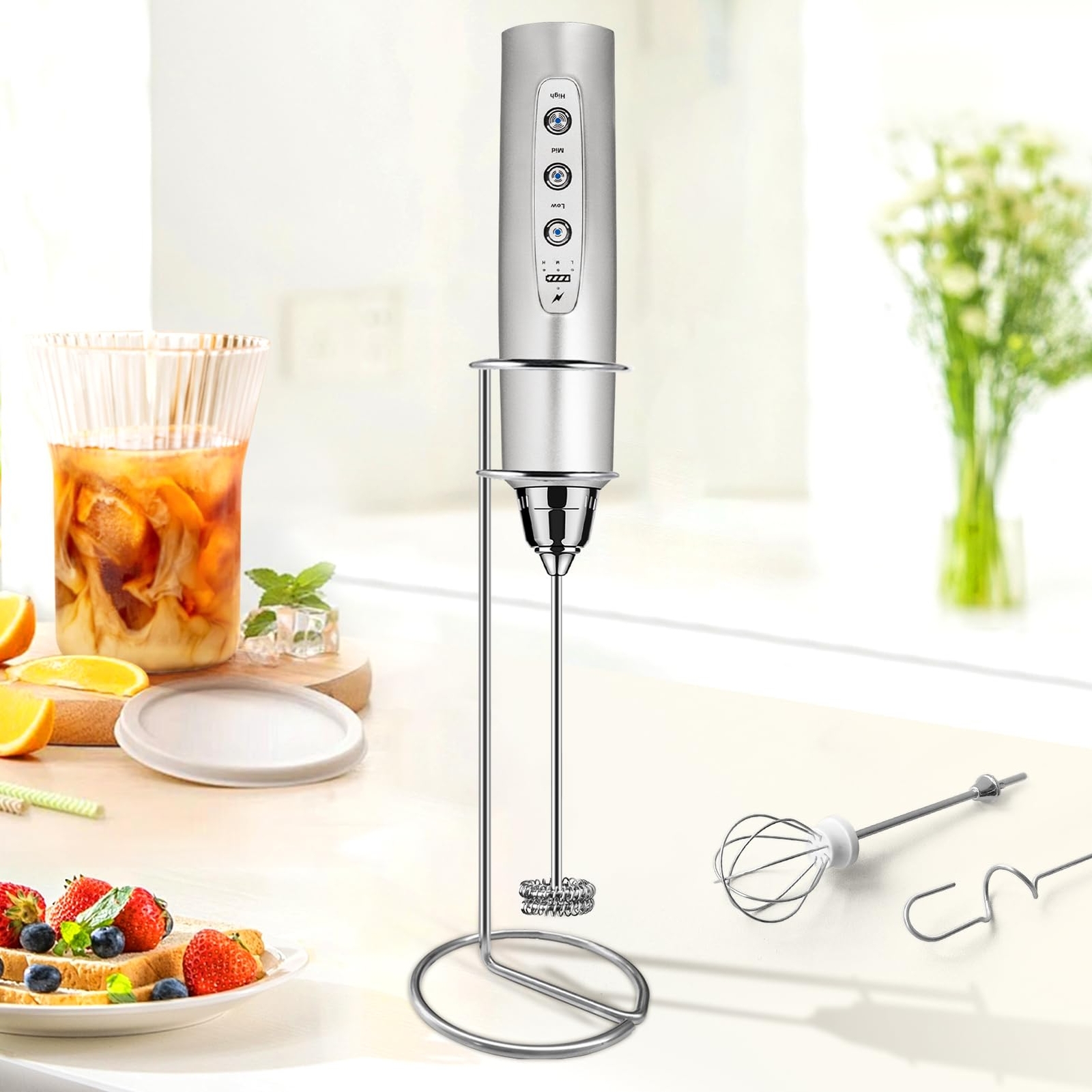 Milk Frother with Stand Rechargeable-Handheld Frother Wand with 3 Stainless W...-image