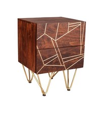 Modern Solid Wood & Gold Metal Legs with 2 Drawers Side Table in Dark Walnut