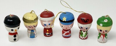 Vintage Lot 6 Wood Christmas Ornaments Big Heads Painted Santa Elf Nutcracker