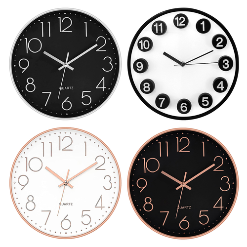 Wall Clock Silent Movement Quartz Black White Gold Silver Round 12 Inch Clocks - Picture 2 of 17
