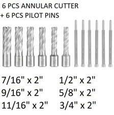6 pcs 2" HSS Annular Cutter  3/4" Shank Magnetic Drill Bit With 6 Pins