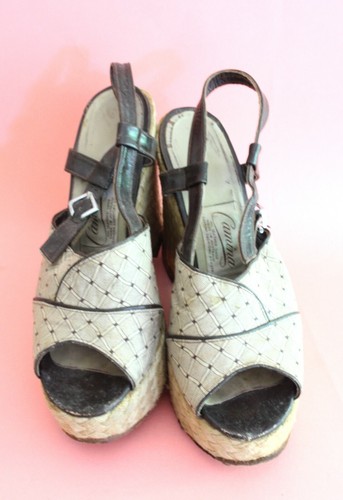 Vintage Platforms Wedge Heels Shoes 7 Woven Plaited Rattan 70s Hippy Retro Cork - Picture 2 of 12