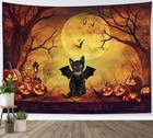 Orange Pumpkin Spooky Black Cat Halloween Tapestry for Bedroom Living Room Dorm