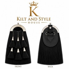 Men's Black Scottish Fashion Modern Horse Hair Sporan- 6 or Custom White Tussles