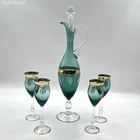 Murano Italian Art Glass 5 Piece Set Pitcher & Glasses Teal Blue Gold Vintage