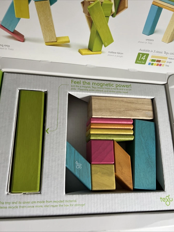 Juego de bloques de madera magnéticos Tegu de 14 piezas TINTES juguete para niños color Montessori Foto 2 de 4