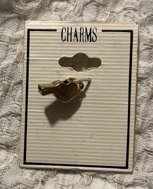 Tiny NOS gold-tone whistle charm from a vintage estate — never worn, perfectly quirky as a pendant or keychain accent.