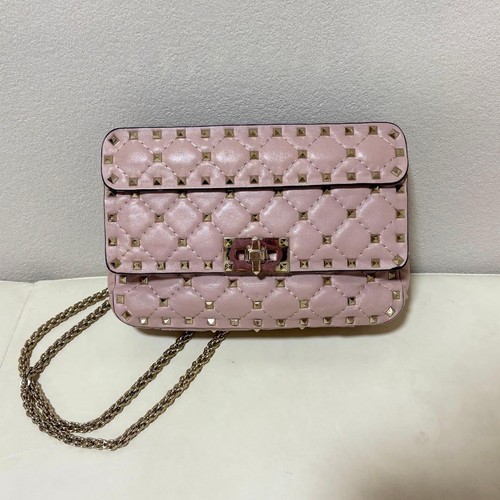 Valentino Rockstud Spike Chain Shoulder Bag Handbag 2Way Pink Leather Gold