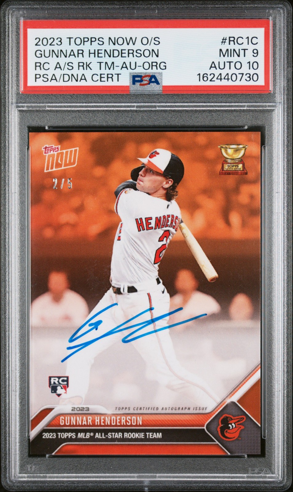2023 TOPPS NOW OFFSEASON ORANGE #RC1C GUNNAR HENDERSON RC 2/5 PSA 9 AUTO 10 view 1