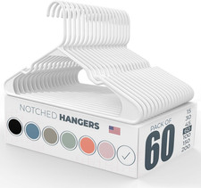 Premium Plastic Hangers 60Pk USA-Made Heavy Duty w/ Notches Shoulders White