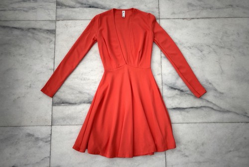 American Apparel Skater Dress Mini Orange Coral Deep V-Neck Flared Women Small - Picture 6 of 10