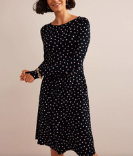 Boden Abigail Dress Womens 10R Polka Dot Navy Pink Midi Long Sleeve Jersey Knit