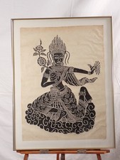 [Old paper] Framed Cambodian Temple Rubbing "Apsara Dancer" Angkor Wat Khmer