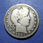 1893-O Barber Quarter  Good+