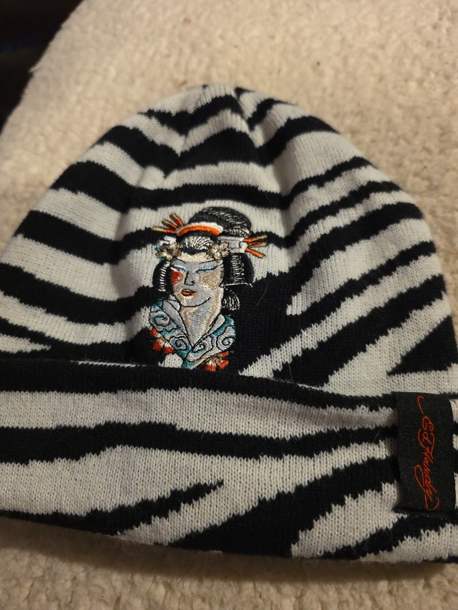 Ed Hardy Geisha Girl Beanie Hat Cap Zebra Print Black White
