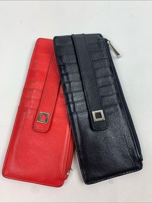 Lodis Leather Slim Card Holder Wallets in Red and Black Silver Snap Set of 2
