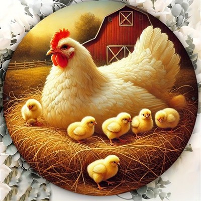Farm Hen Chicks Round Metal Sign Rustic Barn Animal 2D Flat Tin Wall Decoration