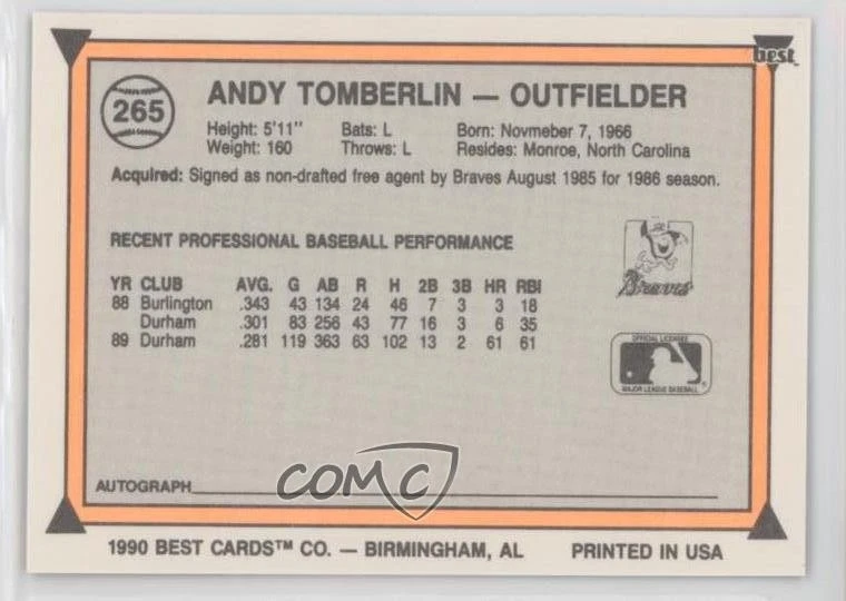 1990 Best Minor League Andy Tomberlin #265 - Image 2 of 2