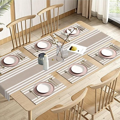 Corredor de mesa 72 pulgadas con 6 piezas manteles individuales a rayas caqui blanco marrón decoración artística Foto 1 de 4