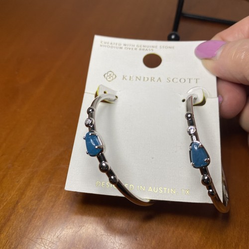 Kendra Scott Hoop Earrings Rhodium Silver Genuine Stone Blue NWT - Picture 9 of 10