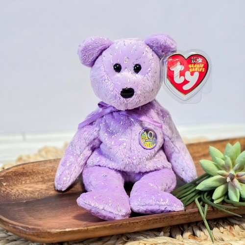 💜 TY Beanie Babies Decade 10 Year Anniversary Bear 2003 w/ Tag Protector - Picture 1 of 6