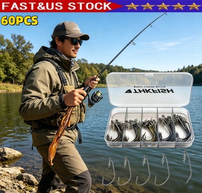 THKFISH 60pcs Offset Worm Hooks with Twist Lock, High Carbon Steel Fishing Hooks