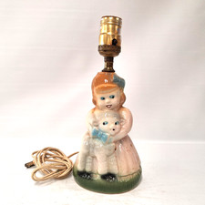 Vintage Ceramic Girl Holding Lamb Table Lamp Base Nursery Childrens Decor