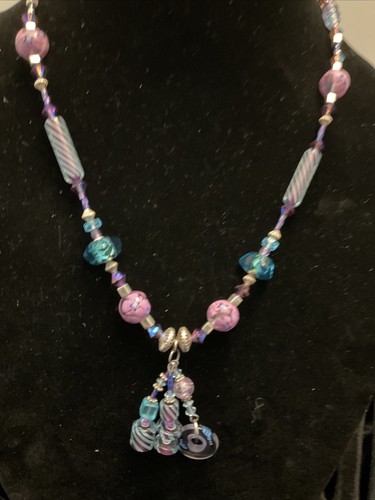 BEAUTIFUL PURPLE,PINK, TURQUOISE GLASS BEADED 20” NECKLACE 20”