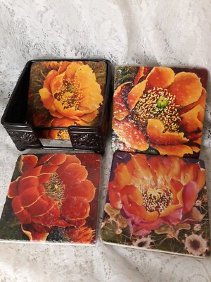 Beth Zink Orange Blaze 4 Floral Art Printed On Marble Stone Coaster Set w/Cork 