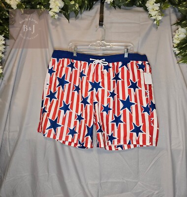 Men's Mad Engine Swim Trunks Red, White Stripes w/ Blue Stars UPF 50+ Size 2XL