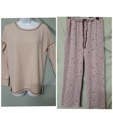 Cuddl Duds Tan Purple Pajama Set Long Pant Long Sleeve X-Small 40" BUST